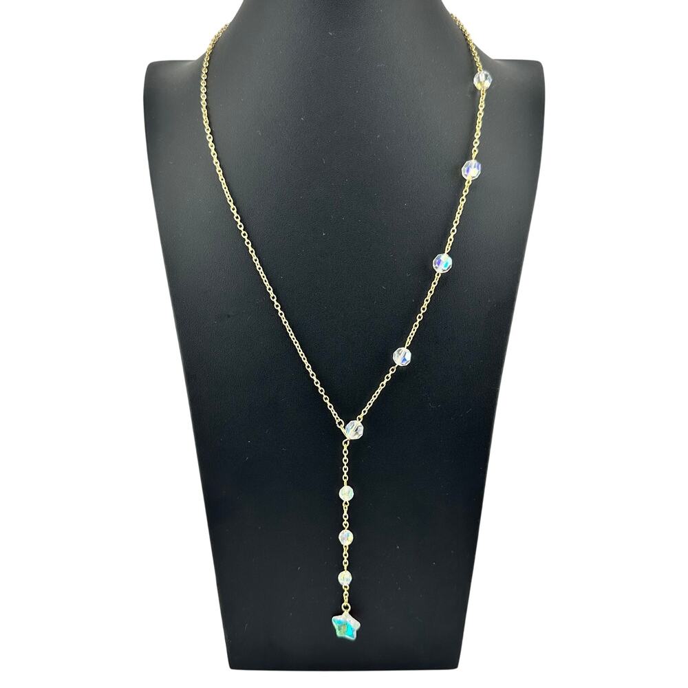 Handmade Upcycled Vintage AB Crystal Star Y-Drop Beaded Gold Tone 23" Necklace